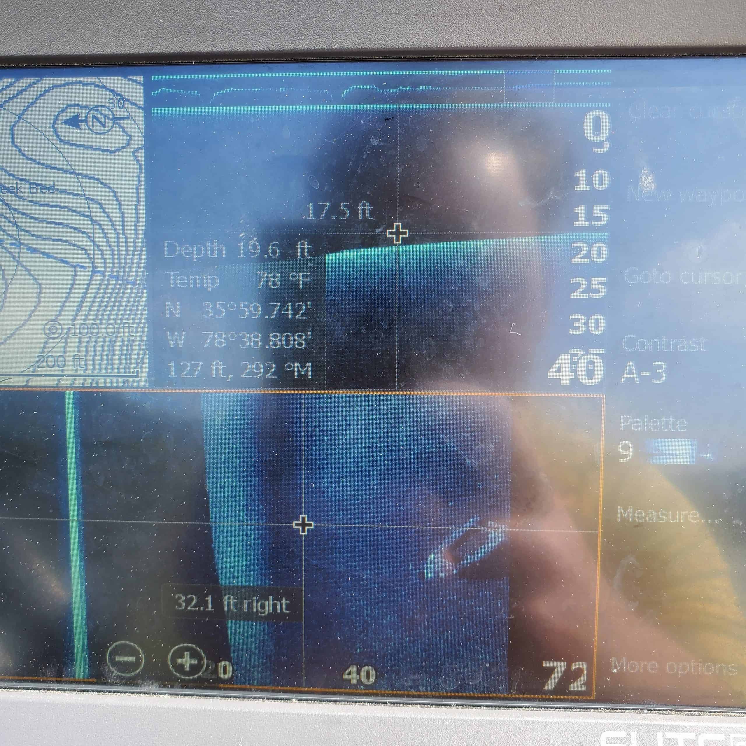 Sunken boat at the bottom of Falls Lake seen on a sidescan