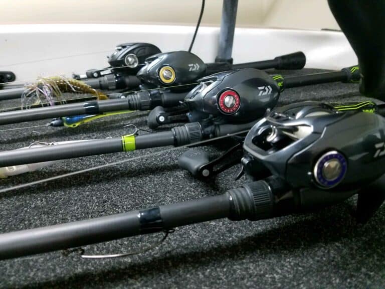 Baitcasting reels on a boat deck